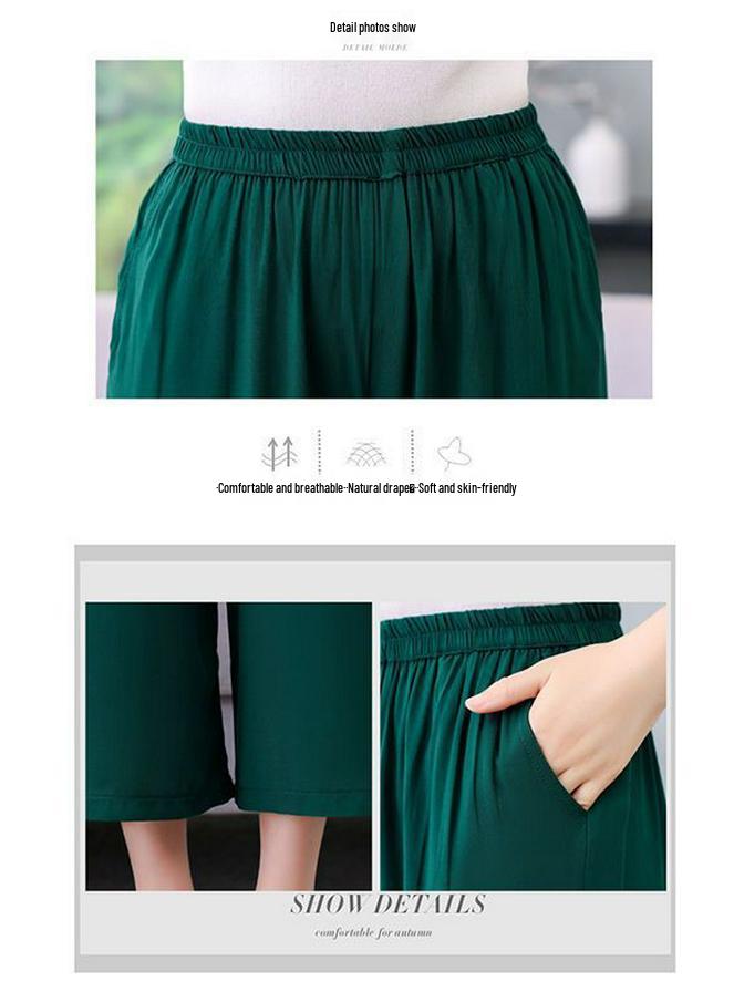 2026 Summer Solid Color Loose Straight Cropped Cotton Silk Pants for Middle-Aged and Elderly Women