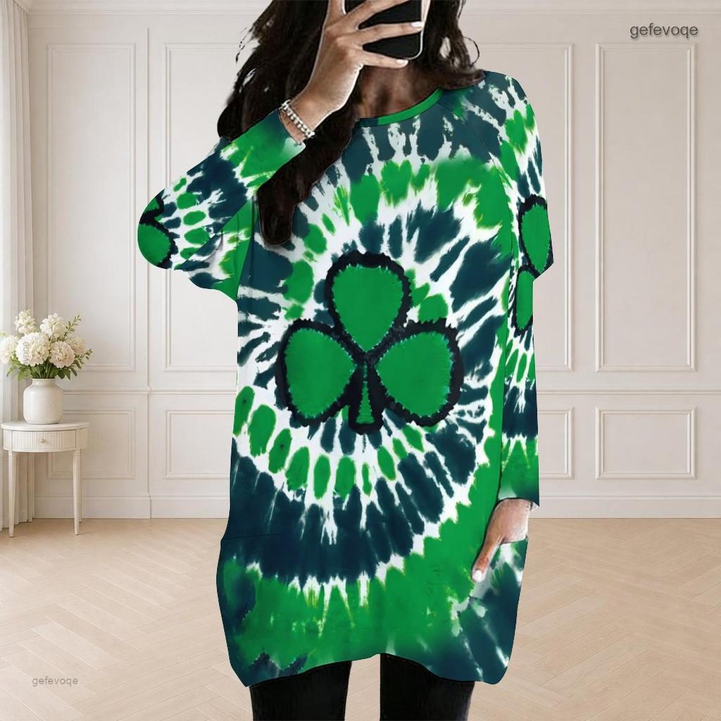 Women Plus Size Round Neck Long Sleeve White Blue Butterfly Print Loose Longline Top With Pockets