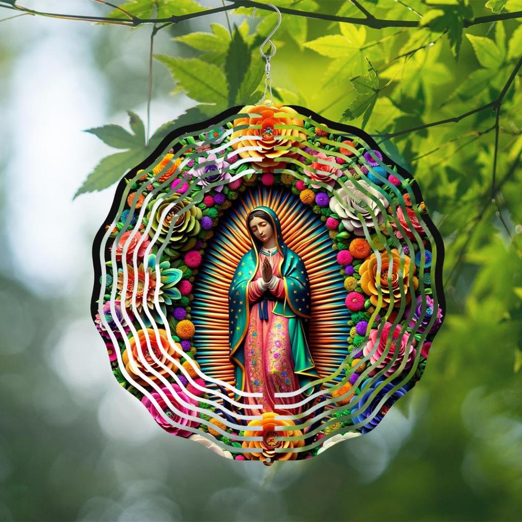 Vibrant Virgin Mary Metal Windmill Garden Decor 10 Inch Dual Sided with Rotating Hook for Yard Porch Christmas Halloween Thanksgiving