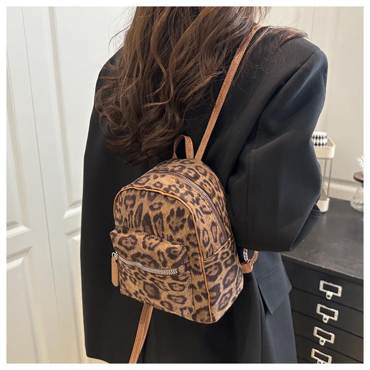 Leopard Print Faux Suede Backpack for Women Cute Cartoon Shoulder Bag