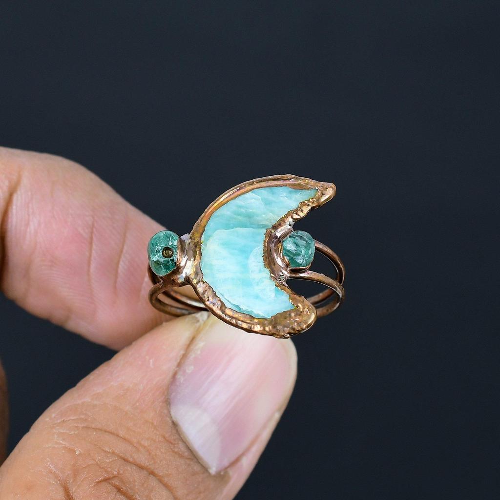 Amazonite Handmade Gemstone Ring, Copper Electroformed Ring Antique Jewelry, Adjustable Ring Engagement Gift