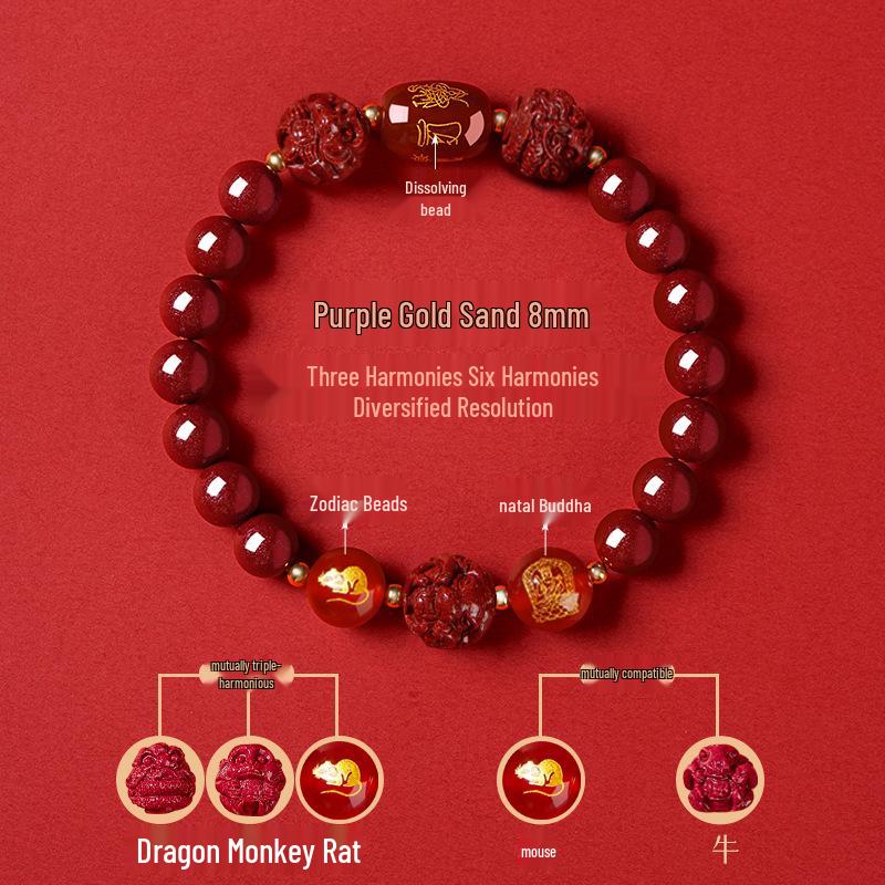 Genuine Cinnabar Hexagonal Bracelet for Men & Women - Three Horse Year Design