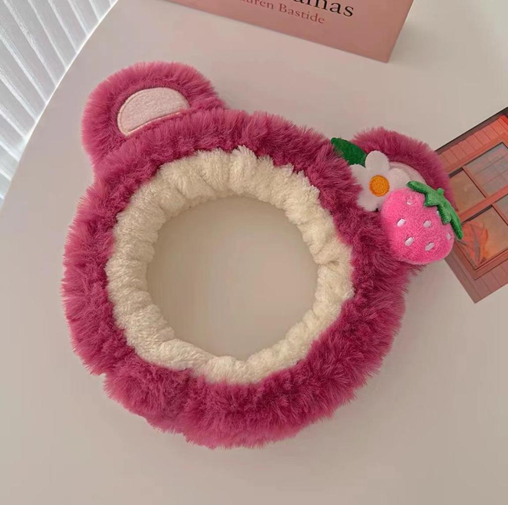 Strawberry Bear Plush Headband - Non-slip Cute Cartoon Hair Clip for Girls