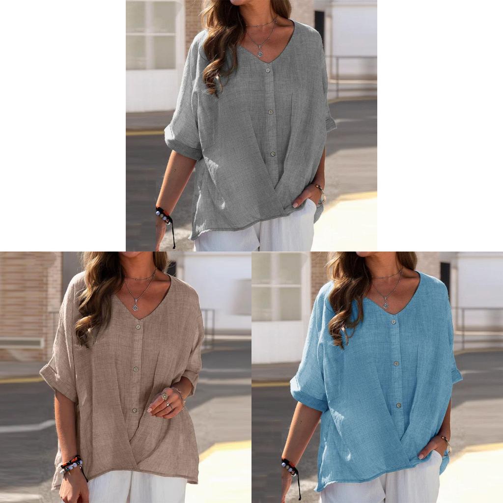 Cotton Linen V Neck Pullover Shirt With Loose Fit For Casual Office Wear