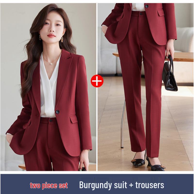 Women's Plus Size Wine Red Blazer Set - Elegant Formal Wear for Art Exams and Professional Hosting