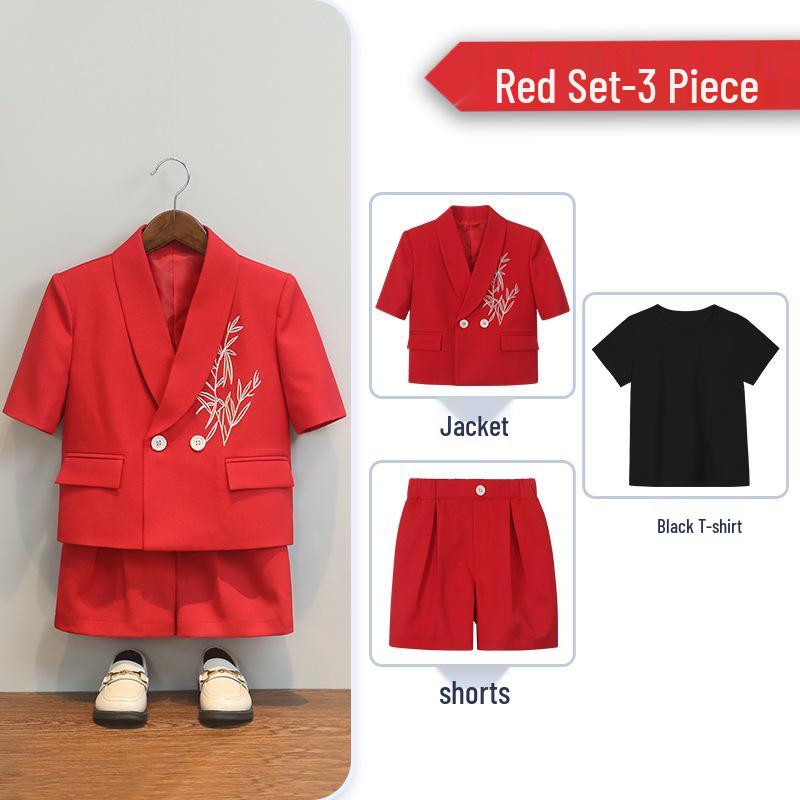 Boys' Chinese Style Summer Suit: Short Sleeve Embroidered Set for Weddings