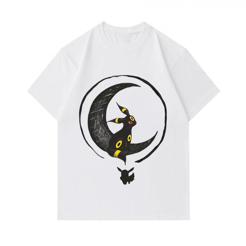 Men's 100% Cotton Crew Neck Short Sleeve T-Shirt, Casual Black Cartoon Umbreon Crescent Moon Print Tees, Comfortable Breathable Summer Daily Tops for