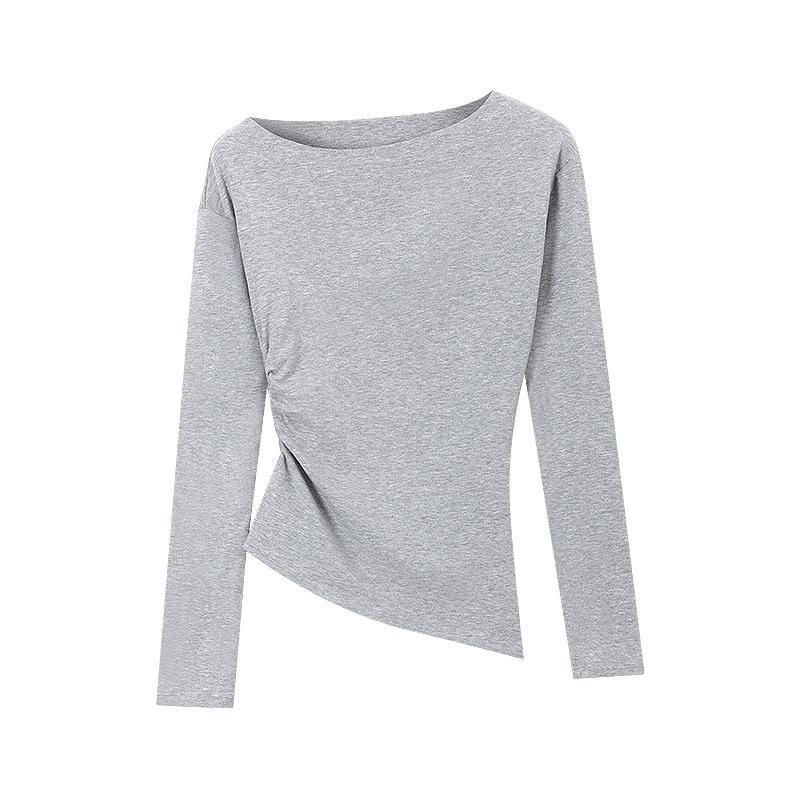 Autumn Winter Sexy Fashion Off the Shoulder Solid Waist Shirring Irregular T-shirt Women Long Sleeve Pullover Tee Top