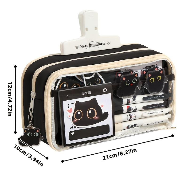 13 Layers Large Capacity Black Cat Pencil Case Clear Window Stationery Bag Cute School Birthday Gift
