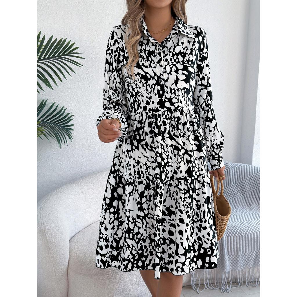 QICED Autumn and Winter Casual Loose, Color-blocking Leopard Print Long-sleeved Shirt Dress for Women