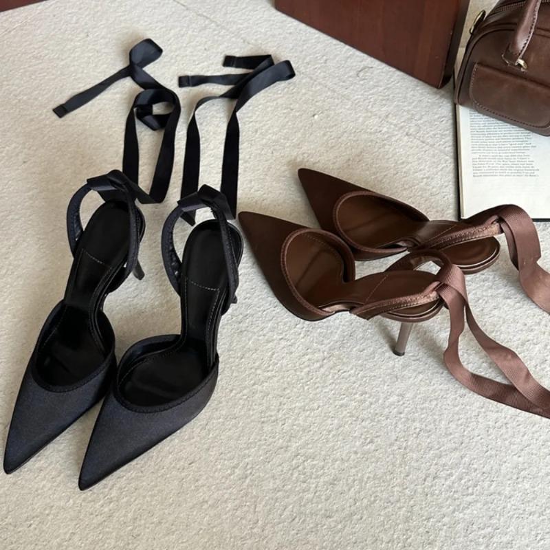 Pesstwei Fashion Slingback Ankle Lace-up Mules Women Pumps Sexy Thin High Heels Pointed Toe Banquet Stripper Shoes Size: 43