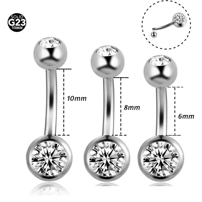 G23 Titanium 14G Barbell Zircon Navel Ring - Double-Ended Belly Piercing Jewelry (6/8/10mm)
