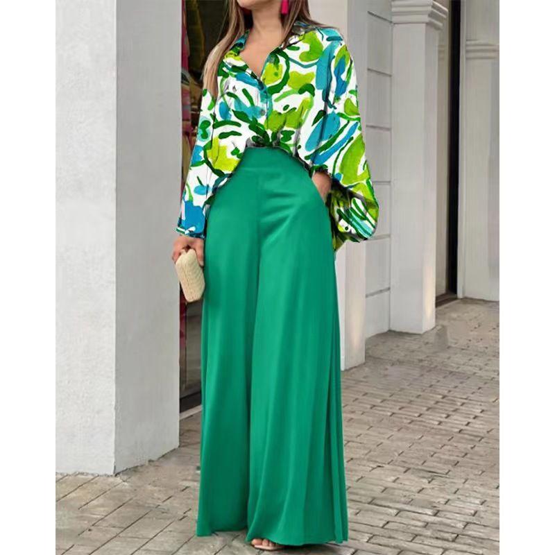 Casual Two Piece Sets Women Loose Casual Print Shirt Tops Loose Pants Two-piece Set