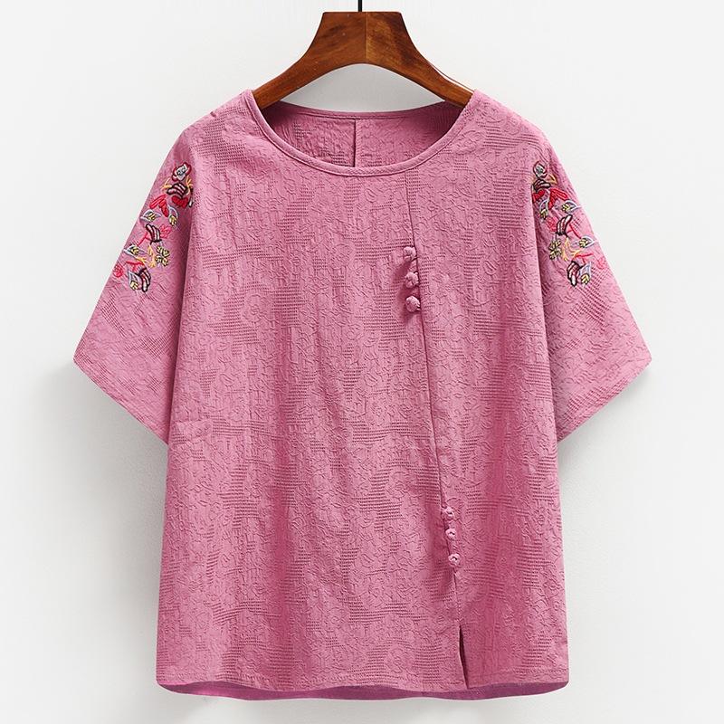 Middle Aged Elderly Lady Summer Clothing Mom Elderly Embroidered Pure Cotton T-Shirt Short Sleeve Large Size Top