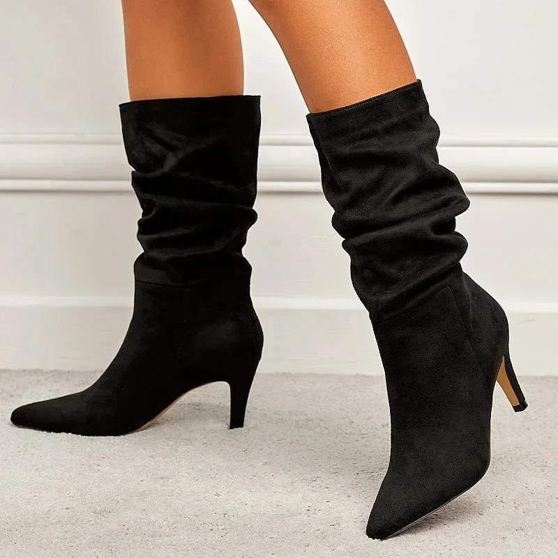 Fashion Eilyken Pleated Pointed Toe ANKLE Boots Women Fashion Thin Low Heels Shoes Autumn Vintage Western Mid-Calf Booties Zapatos Mujer