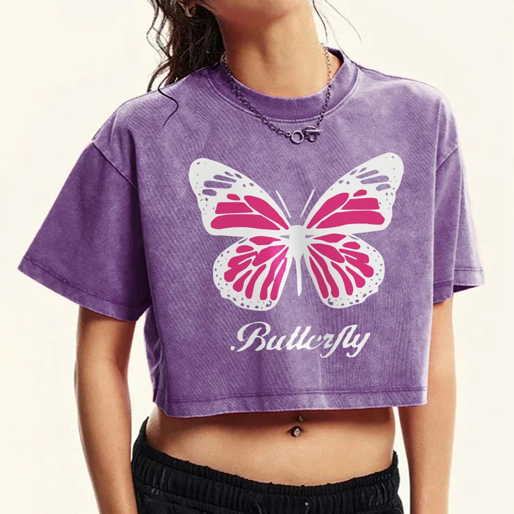 

Creative Pink Butterfly Prints Washed T-Shirt Women Casual Cotton T Shirts Soft Crewneck Short Sleeve Fashion Tops XL