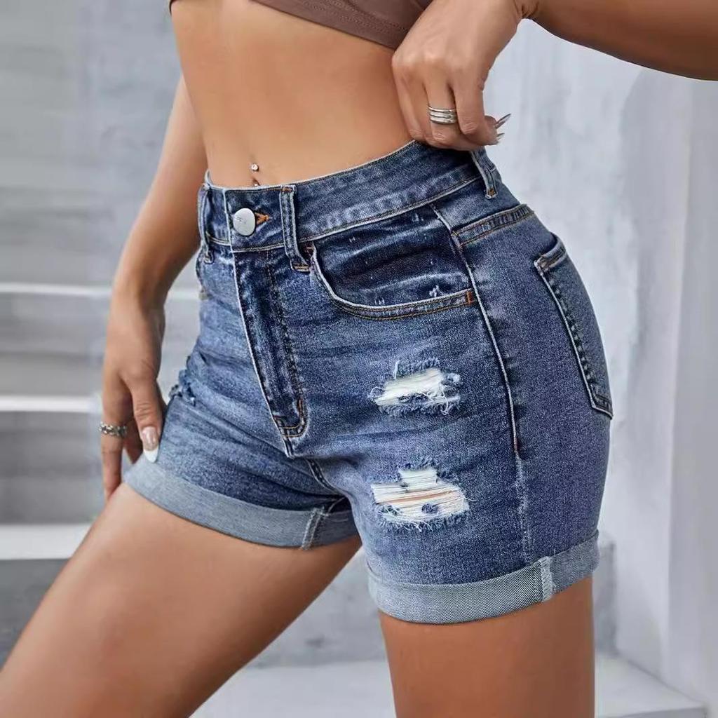 High-Waisted Ripped Denim Shorts for Women - European & American Fashion with Rolled Cuffs