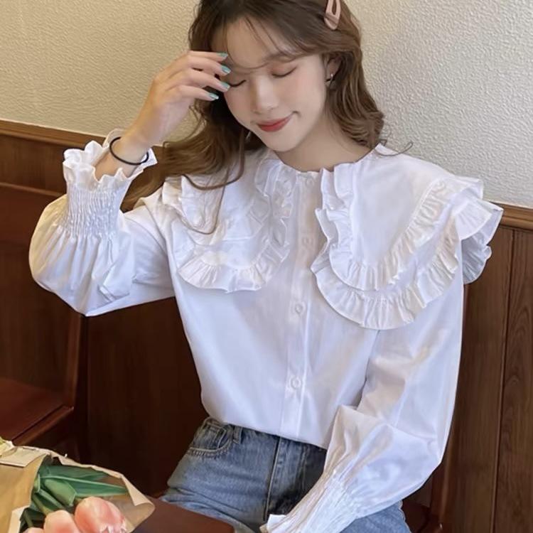 Vintage doll-collar shirt, ruffled shirt, women's new spring and autumn loose long-sleeve shirt, versatile top