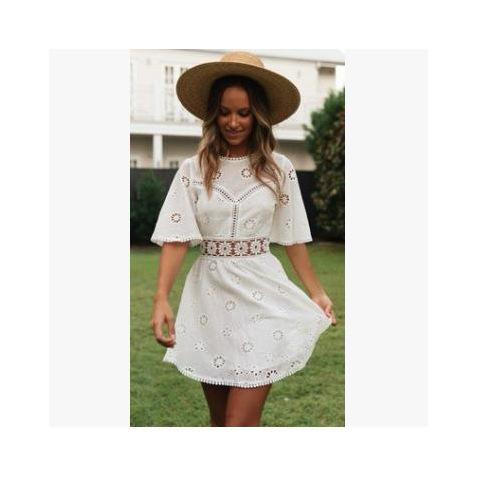 Women's Round Neck Half Sleeve Hollow Out A-Line Casual Mini Dress