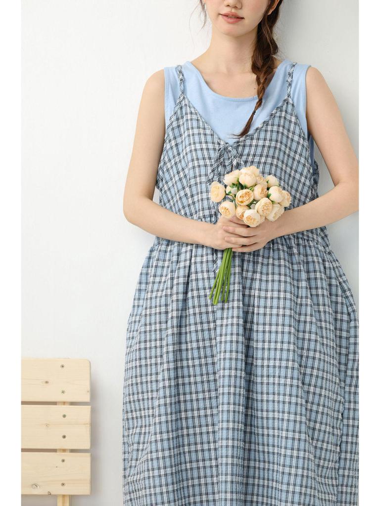 2026 Spring/Summer Mori Girl Lace-up Plaid Maxi Dress - Versatile Layered Camisole Skirt