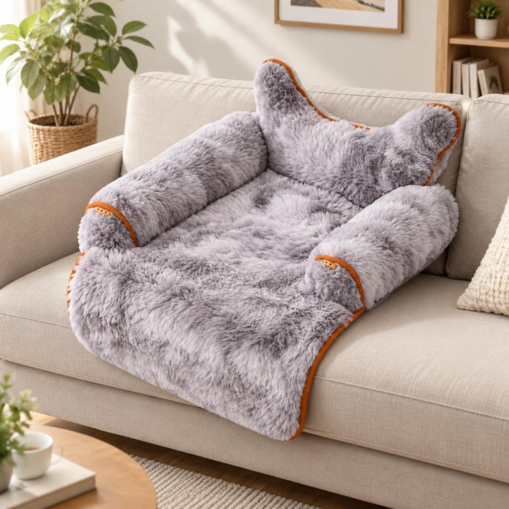 Soft Pet Bed with Bolsters Padded Textured Velvet Couch Cover Bolster for Cat
