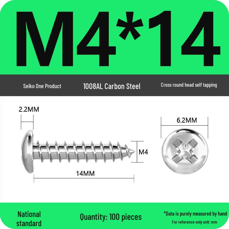 Galvanized Self-Tapping Screws, Round Head, White Zinc, PA Cross Pan, Pointed Tail M1.2-M4