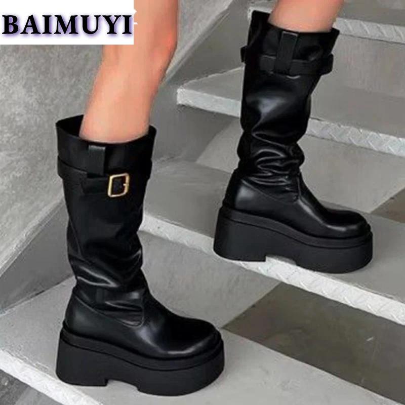 High Heels Women Platform Knee High Boots Designer Leather Goth Shoes Woman 2025 Trend Belt Buckle Winter Brand Snow Botas Mujer