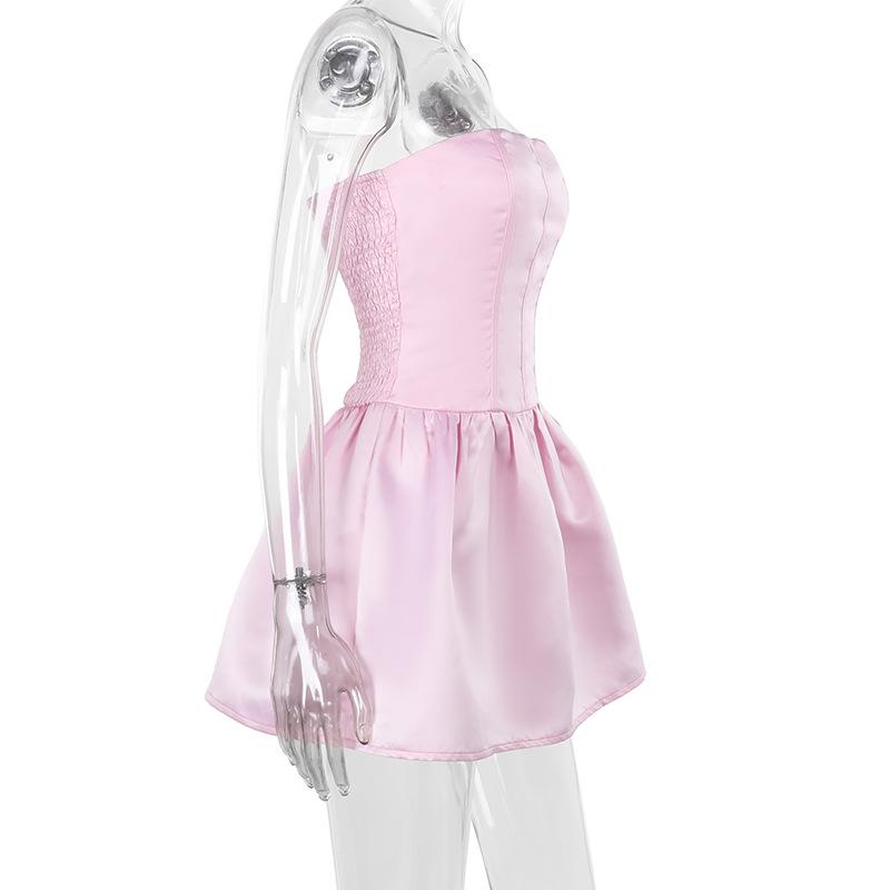 Herbst Damen Kleid Socialite Stil Sexy Schlank Satin Trägerlosen A-Swing Kleid