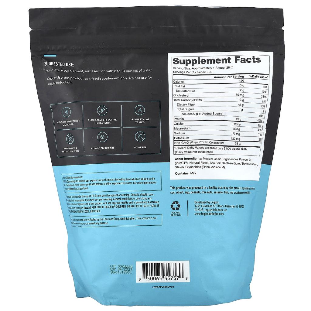 Legion Athletics, Whey Concentrate, Whey Protein Powder, French Vanilla, 861g (1.9lbs)