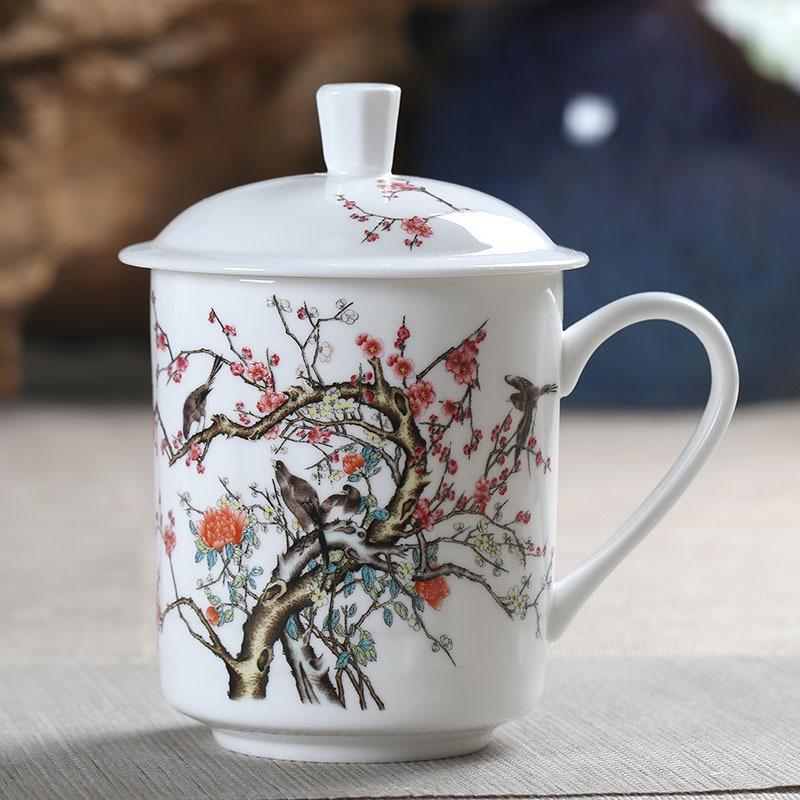 Jingdezhen Bone China Tea Cups with Lids, Conference Cups, Ceramic Water Cups, Office Cups, Gift Cups, Jing-style Cups