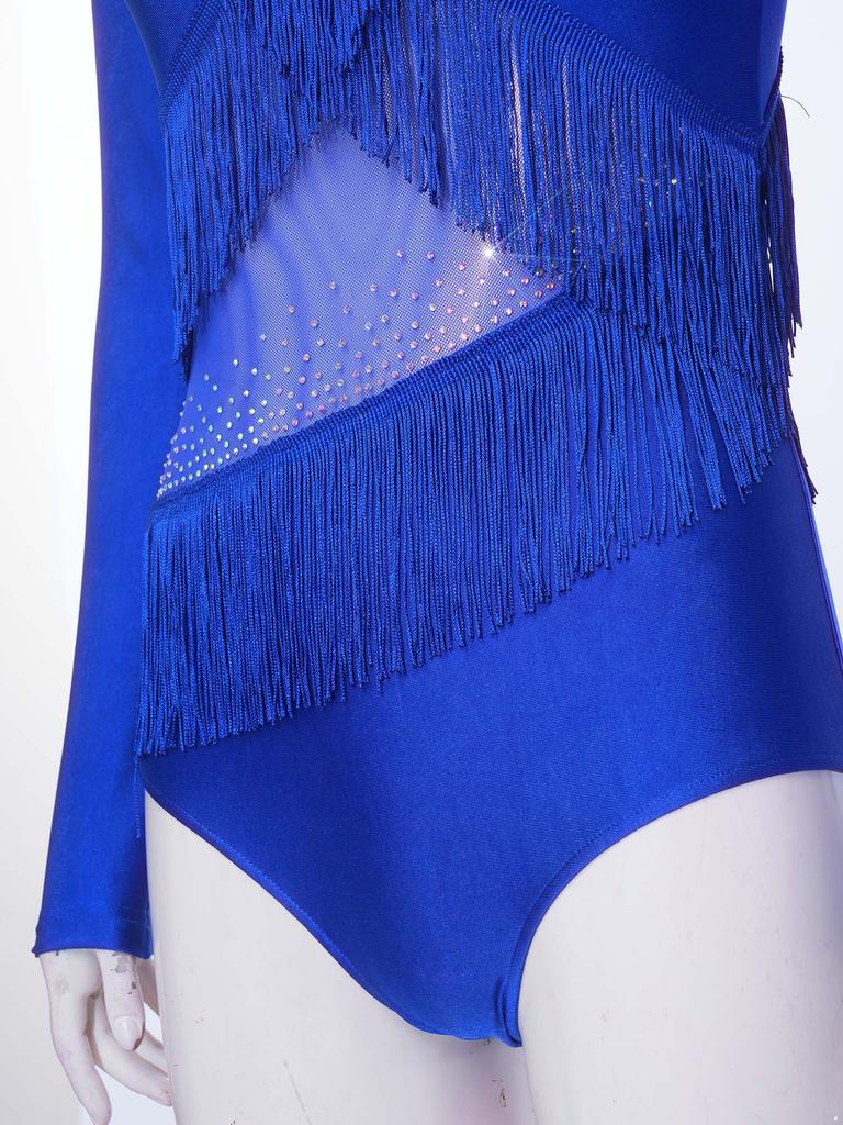 Damen Latein Tanz Jumpsuit Strasssteine Langarm Reißverschluss Hinten Fransen Leotard