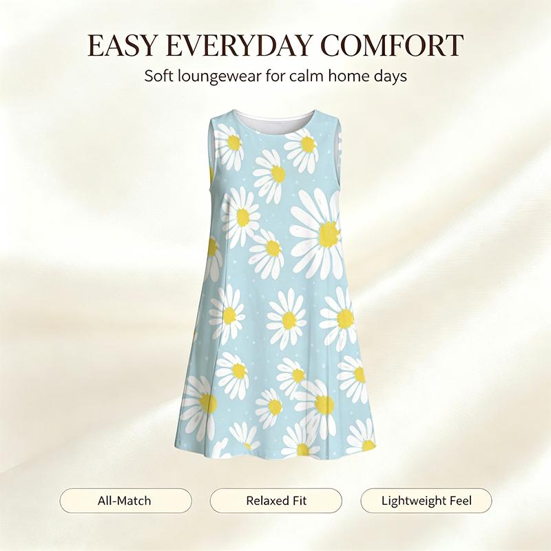 Women Sleeveless Sundress, Round Neck, Big White Daisy Pattern, Loose Flared Hem, Indoor Home Daily Outfit