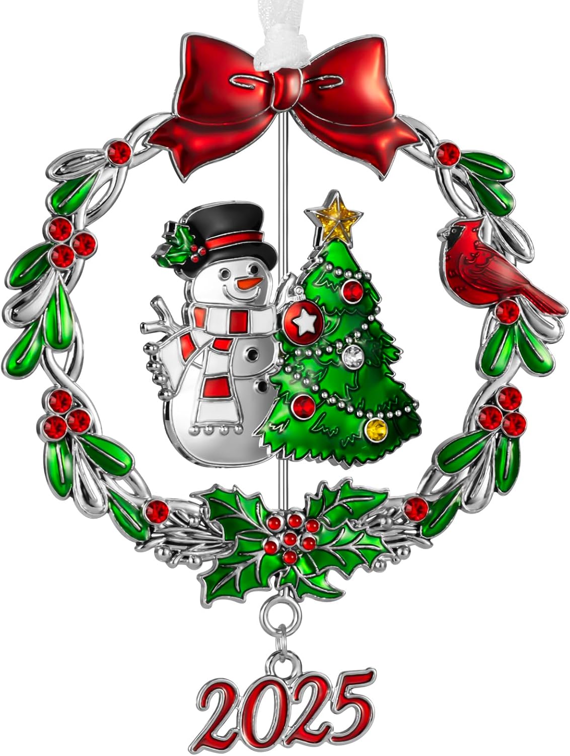

2025 Snowman Christmas Tree Ornament, Silver Rotatable Metal Hanging Decor 0.6M