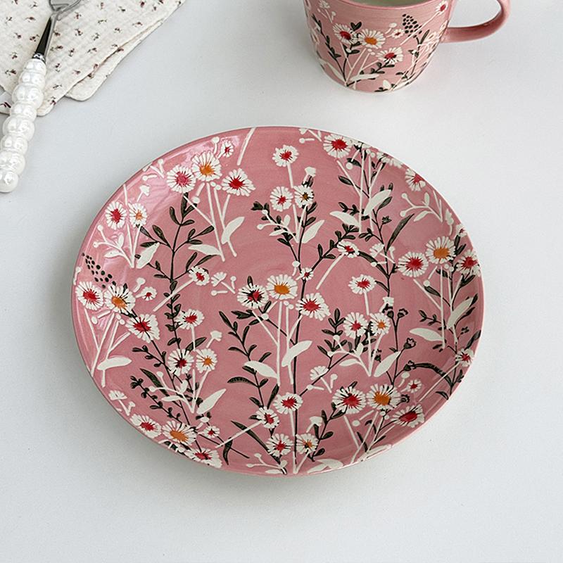 French Style Flower Pattern Ceramic Plates New Household 8 Inch High Aesthetic Dinner Tableware Colour Ceramic Glaze Plate