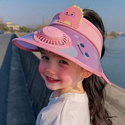 Cartoon Kids Sun Visor Hat with USB Charging Fan UPF50+ Summer Beach Cooling Hat Outdoor Empty Top Wide Brim Sunhat for Boys Girls 3-10Y