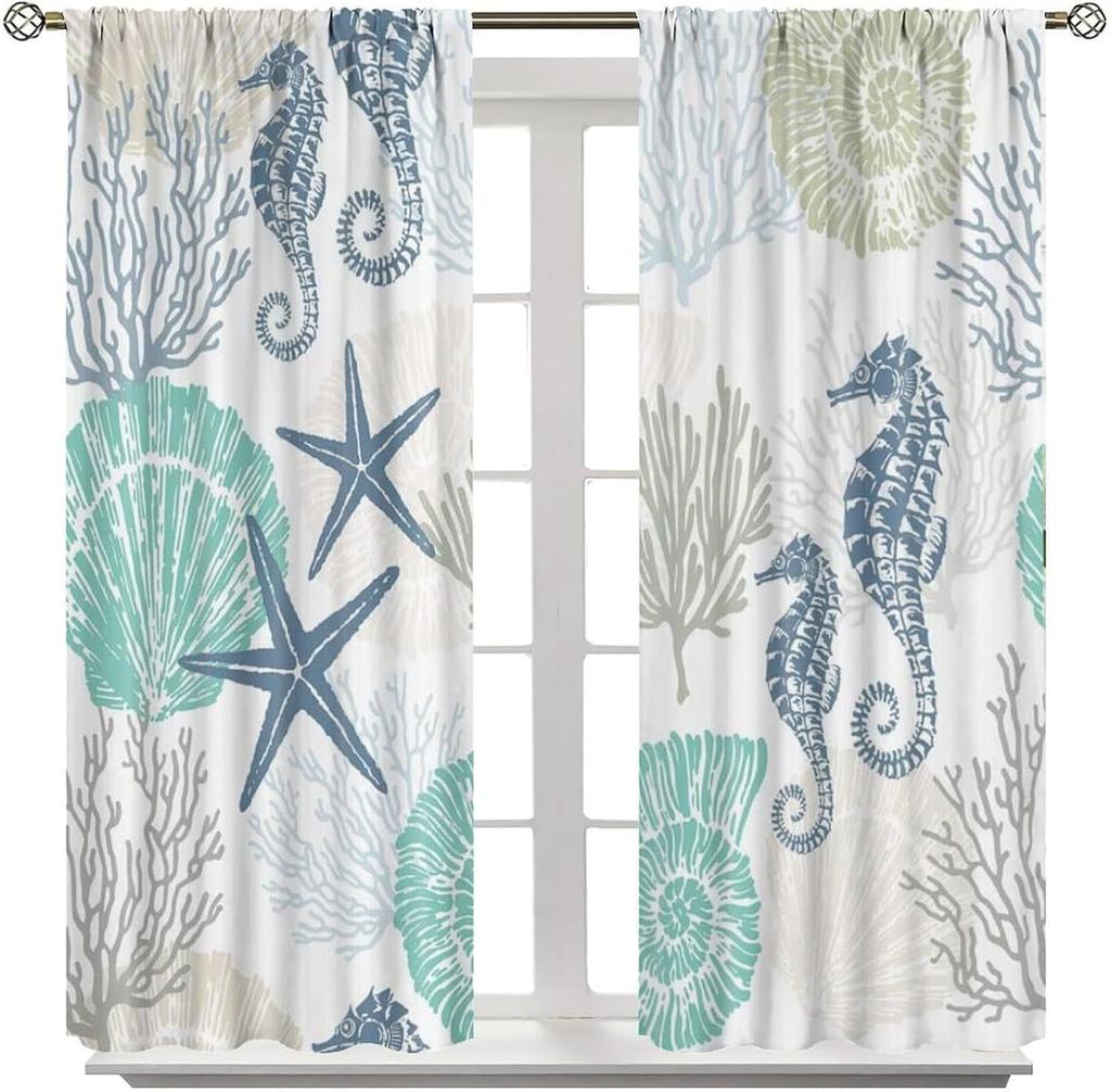 Coastal Window Curtains Nautical Beach Beach Sea Starfish Seashell Curtain for Living Room   Bedroom 2 Panels Set   42W x 45L inch
