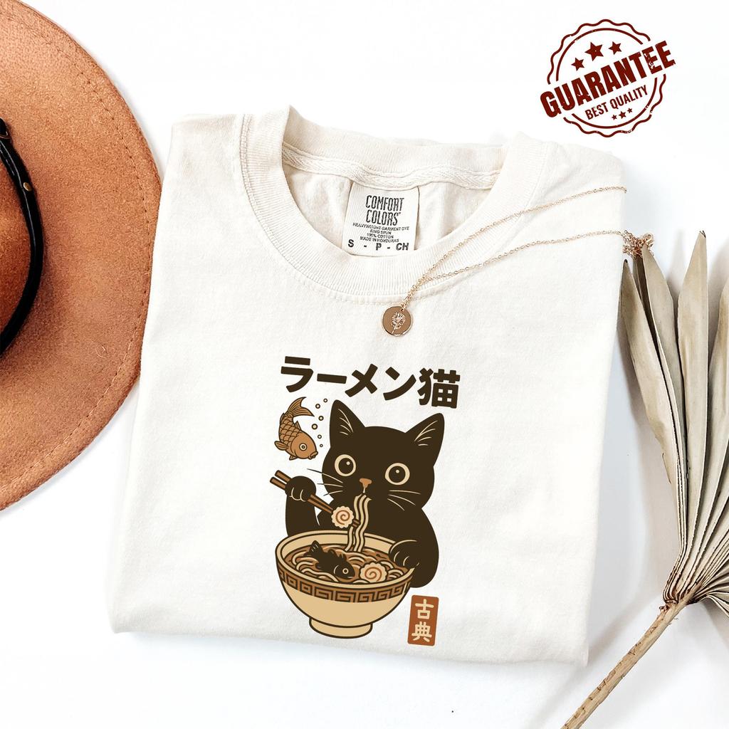 Cat Ramen Unisex T-Shirt, Cat Eating Ramen Funny Shirt, Anime Cat T-Shirt, Japanese Tee, Cat Lover Tee, Vintage Kitty Top
