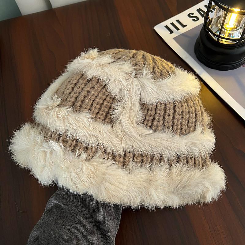 Cartoon Style Wool Beanie With Plush Fur Material And Adjustable Fit For Casual Wear