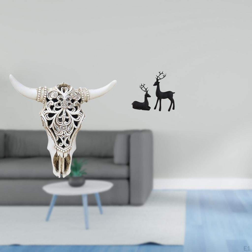 Tribal Bull Head Wall Hanging Art And Resin Reindeer Figurine Sculpture for Office Farmhouse Bedroom