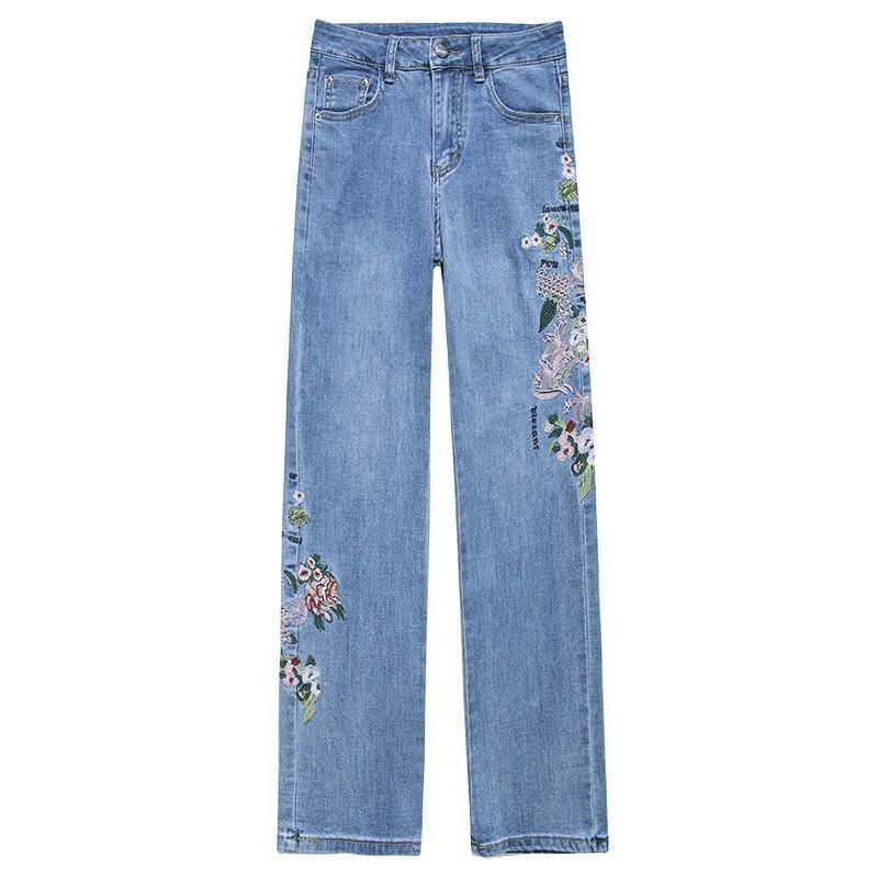 Jeans Gamba Dritta Donna Estate Sezione Sottile Larghi Vita Alta Ricamati Stile Etnico Pantaloni Gamba Dritta con Fiori Pantaloni