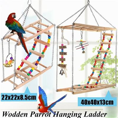 Wooden Parrot Bird Hanging Ladder Swing Bridge Climb Pet Chewing Toy Bells for Small Parrots Parakeets Cockatiels