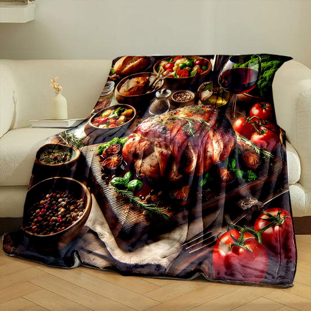 Gourmet Feast with Roast and Wine print blanket soft and cozy perfect for the living room bed sofa or a nap,gift