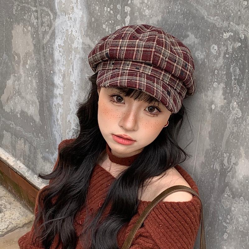 Japanese Plaid Octagonal Hat Children'S Season Versatile Newsboy Painter Hat Big Head Circumference Showing Face Ducktongue Beret