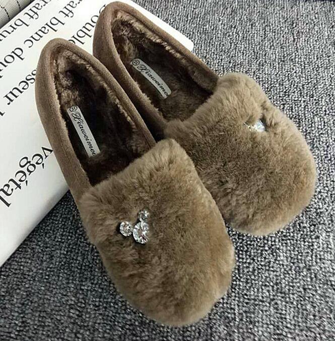 

Мультяшные ушки с кристаллами, зимние теплые мокасины женские большого размера 35-42 для беременных женщин, мокасины из натурального меха кролика 5 хаки
