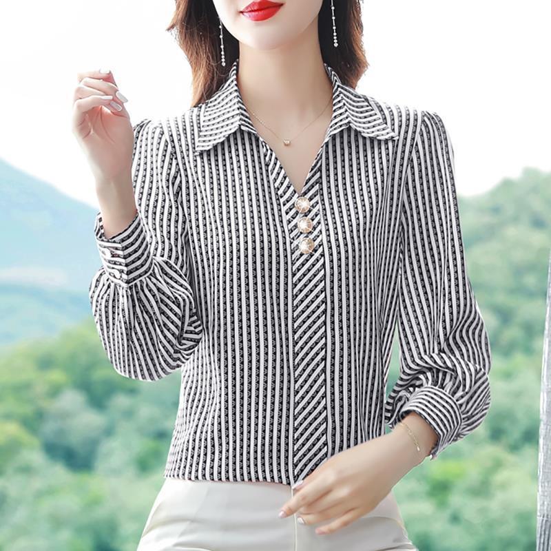 Striped Shirt for Women Spring and Autumn 2026 New Fashion Casual Chiffon Long Sleeve Blouse M чёрный