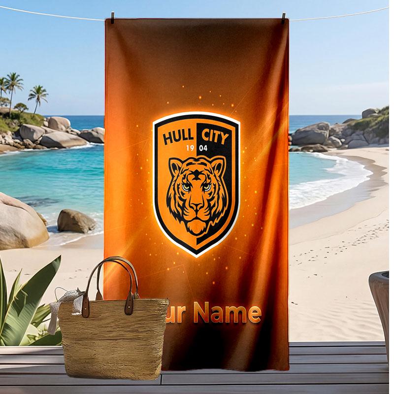Asciugamano da Spiaggia Personalizzato Stampato Hull City Logo Calcio Supporto Nome Personalizzato Testo Asciugamano Assorbente Per Sport Viaggio Regalo Speciale