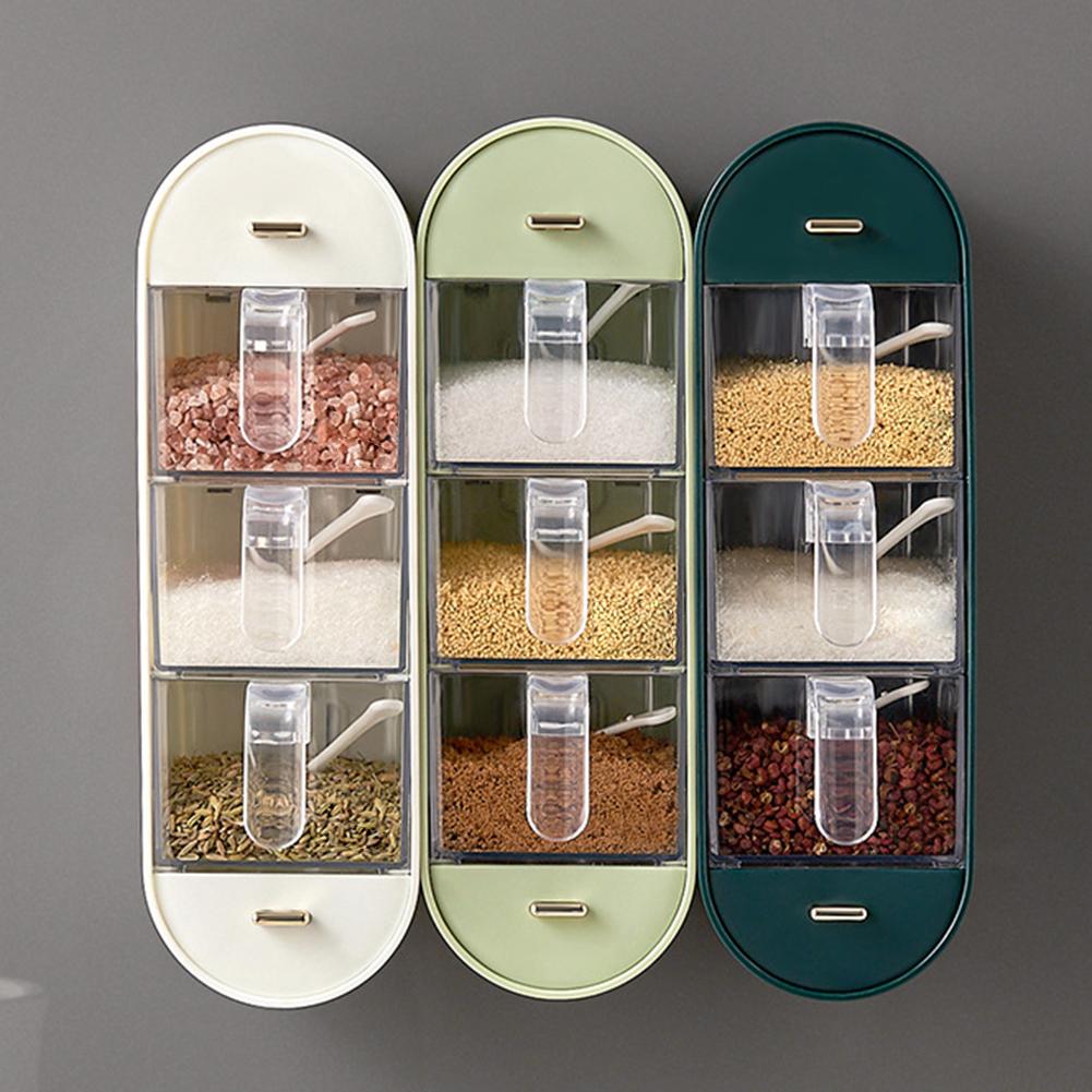 Wall Mounted Spice Box with 5 Compartments and Handles Sugar Salt Container Set Clear Seasoning Container Boxes Kitchen Supplies