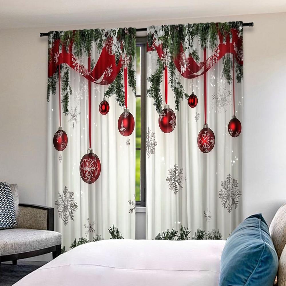 Flat Printing Christmas Hot Party Curtains Ball Red Ribbon Pine Branch Digital Printed Polyester Drapes Non Set Of 2 Made