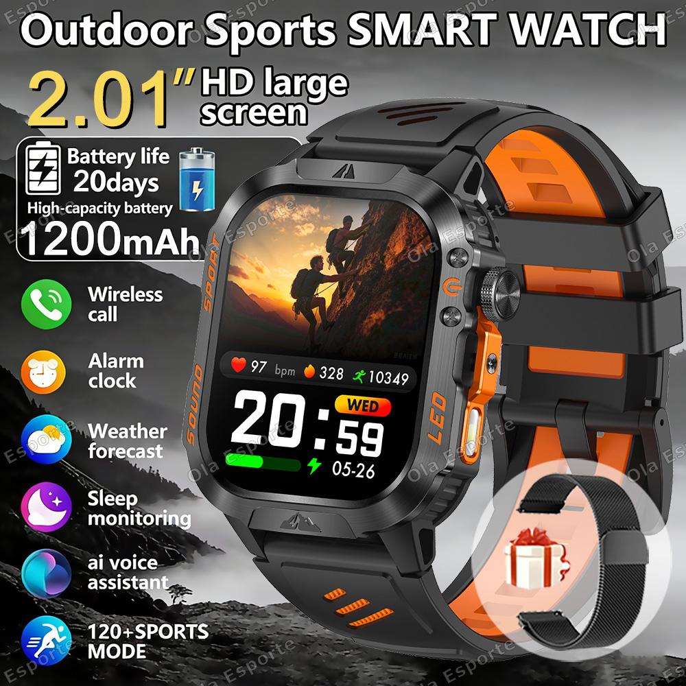 1200mAh Military Outdoor Smartwatch Men LED Flashlight Waterproof GPS Track Sports Watch 2.01-inch BT Call Smart Watch HT30