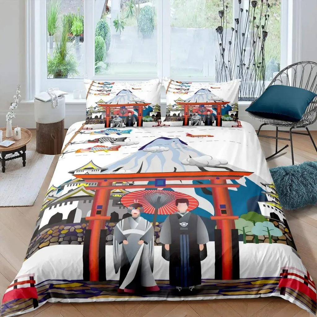 Japanese Style Duvet Cover Koi Fish Cherry Ukiyo-E Geisha Quilt Cover Sun Crane Polyester Japanese Culture Theme Bedroom Decor